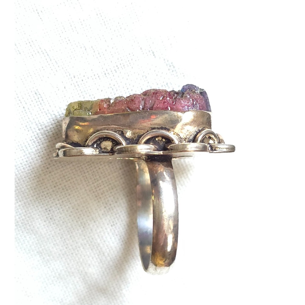 Sterling Silver Peacock Druzy Ring Size 7 Artisan Rainbow Crystal Statement Ring - Picture 6 of 9